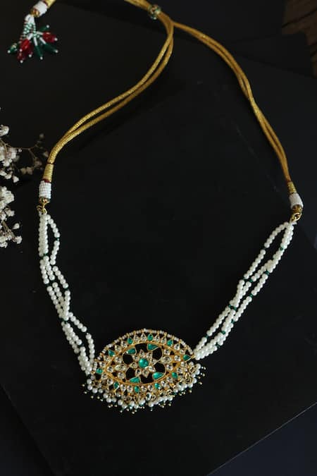 Shop Paisley Pop Gold Plated Kundan Pearl Choker Necklace at Aza Fashions Shop_Paisley Pop_Gold Plated Kundan Pearl Choker Necklace _at_Aza_Fashions