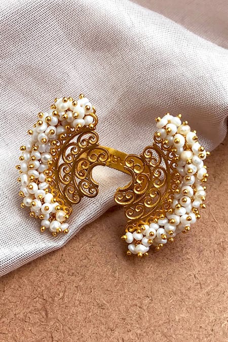 Shop Zariin Gold Plated Pearls Floral Motif Open Ring at Aza Fashions Shop_Zariin_Gold Plated Pearls Floral Motif Open Ring _at_Aza_Fashions