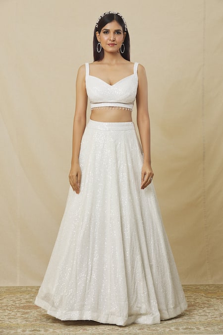 Buy_Angad Singh_White Georgette Sequins V-neck Embroidered Lehenga Set _Online_at_Aza_Fashions