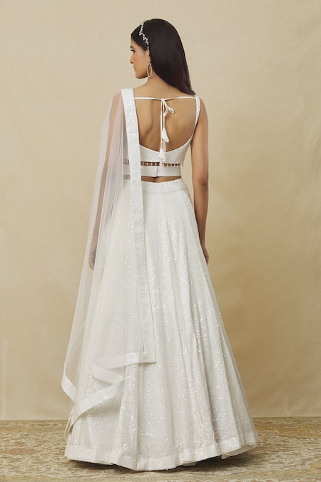 Angad Singh_White Georgette Sequins V-neck Embroidered Lehenga Set _Online_at_Aza_Fashions