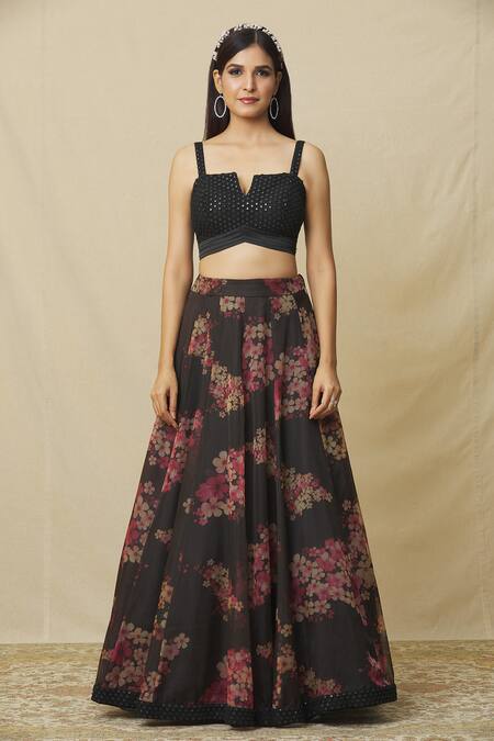 Buy_Angad Singh_Black Organza Mirrors, Embroidery Open Neck Blossom Print Lehenga Set _Online_at_Aza_Fashions