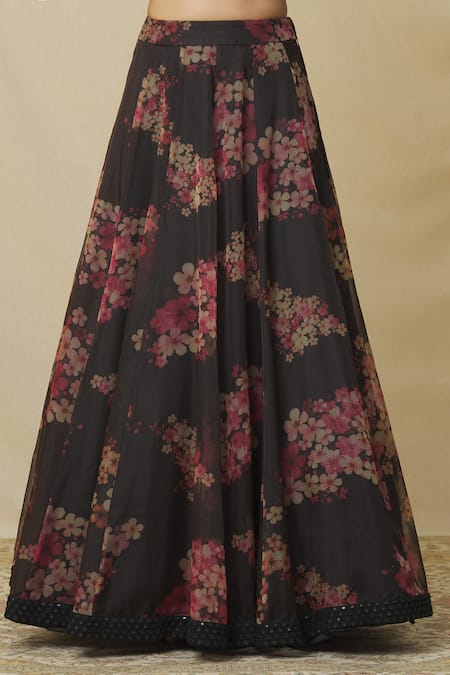 Shop_Angad Singh_Black Organza Mirrors, Embroidery Open Neck Blossom Print Lehenga Set _Online_at_Aza_Fashions