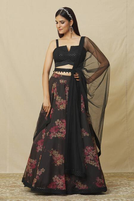 Angad Singh_Black Organza Mirrors, Embroidery Open Neck Blossom Print Lehenga Set _at_Aza_Fashions