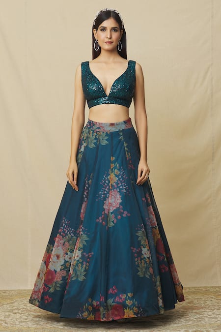 Buy_Angad Singh_Blue Organza Sequins Plunge Neck Floral Blossom Print Lehenga Set _Online_at_Aza_Fashions