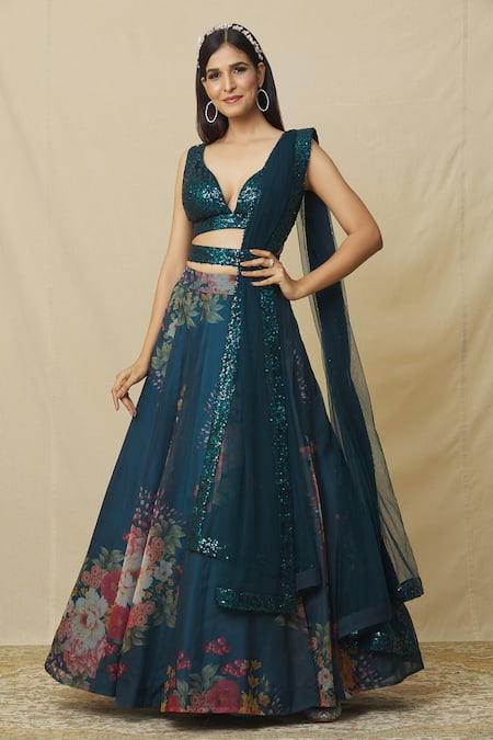 Shop_Angad Singh_Blue Organza Sequins Plunge Neck Floral Blossom Print Lehenga Set _Online_at_Aza_Fashions