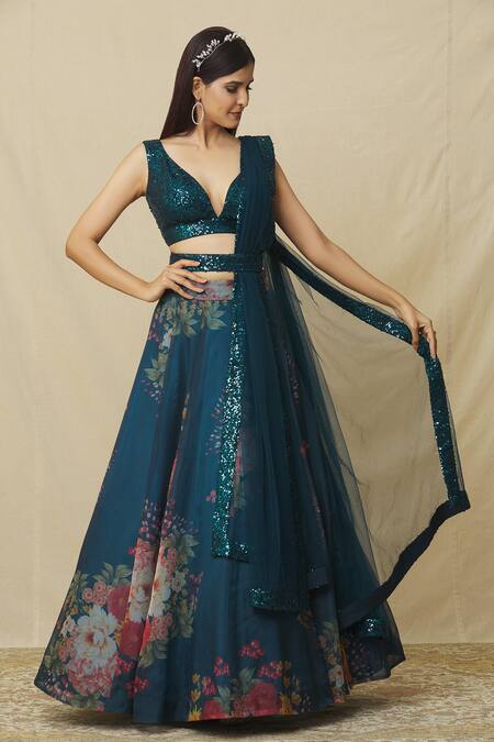 Angad Singh_Blue Organza Sequins Plunge Neck Floral Blossom Print Lehenga Set _at_Aza_Fashions