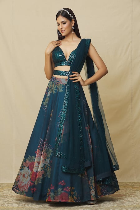 Buy_Angad Singh_Blue Organza Sequins Plunge Neck Floral Blossom Print Lehenga Set 