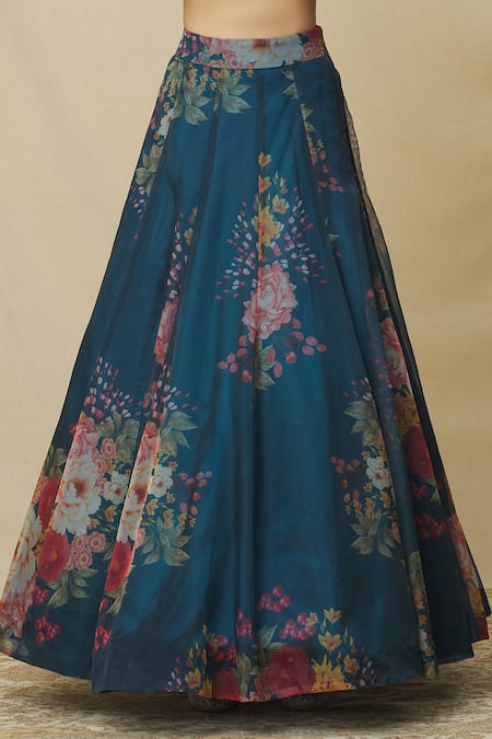 Shop_Angad Singh_Blue Organza Sequins Plunge Neck Floral Blossom Print Lehenga Set 