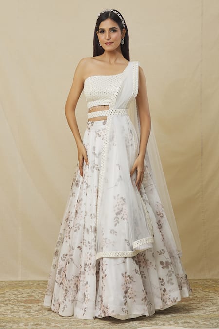 Buy_Angad Singh_Ivory Organza Mirrors One Shoulder Floral Bud Print Lehenga Set _Online_at_Aza_Fashions