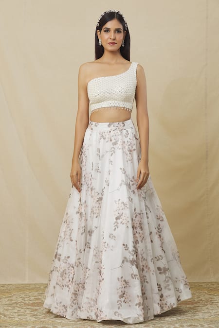 Angad Singh_Ivory Organza Mirrors One Shoulder Floral Bud Print Lehenga Set _at_Aza_Fashions