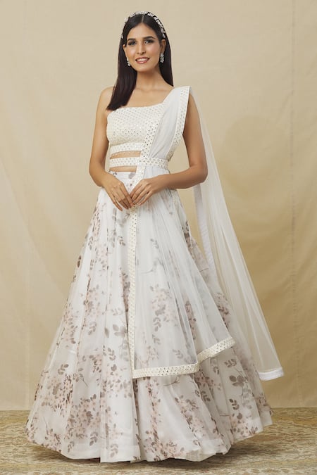 Buy_Angad Singh_Ivory Organza Mirrors One Shoulder Floral Bud Print Lehenga Set 