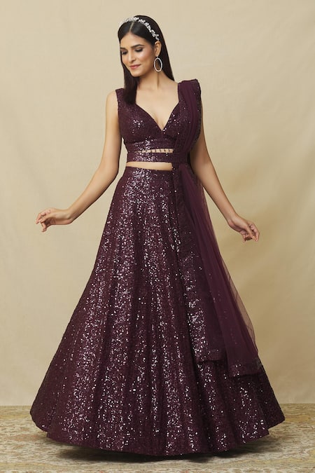 Burgundy lehenga with sequin and beads embroidery with lace dupatta – Ricco  India