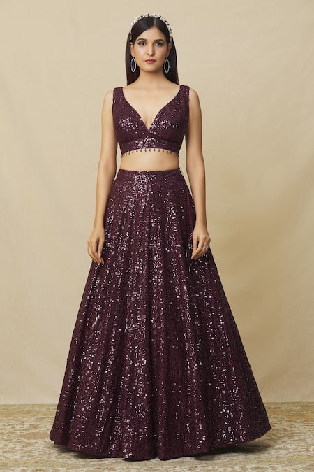 Buy Angad Singh Wine Georgette Sequins Plunge Neck Embellished Lehenga Set Online at Aza Fashions Buy_Angad Singh_Wine Georgette Sequins Plunge Neck Embellished Lehenga Set _Online_at_Aza_Fashions