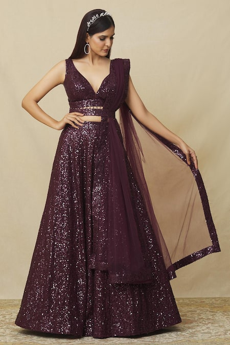 Shop Angad Singh Wine Georgette Sequins Plunge Neck Embellished Lehenga Set Online at Aza Fashions Shop_Angad Singh_Wine Georgette Sequins Plunge Neck Embellished Lehenga Set _Online_at_Aza_Fashions