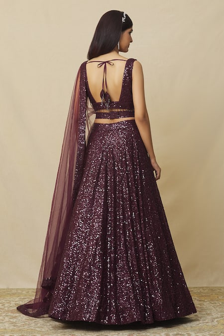 Angad Singh Wine Georgette Sequins Plunge Neck Embellished Lehenga Set Online at Aza Fashions Angad Singh_Wine Georgette Sequins Plunge Neck Embellished Lehenga Set _Online_at_Aza_Fashions
