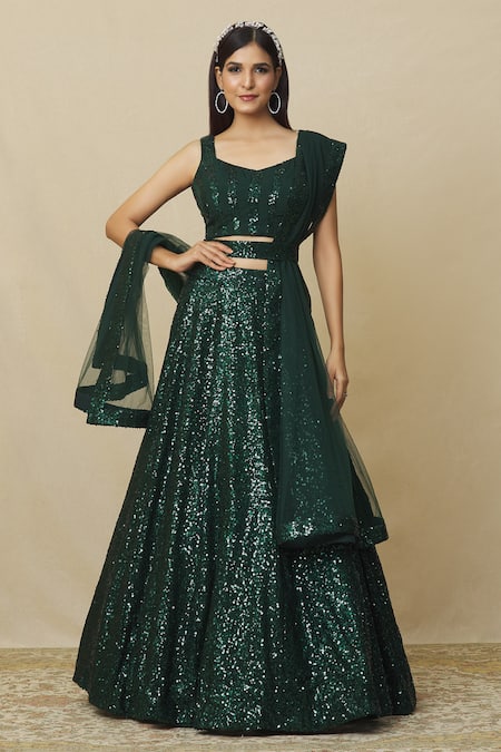 Angad Singh Green Georgette Embroidered V Neck Embellished Flared Lehenga Set 