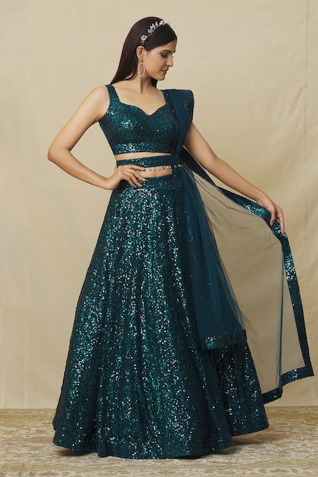 Shop_Angad Singh_Blue Georgette Crystals, Sequins V-neck Metallic Embellished Lehenga Set _Online_at_Aza_Fashions