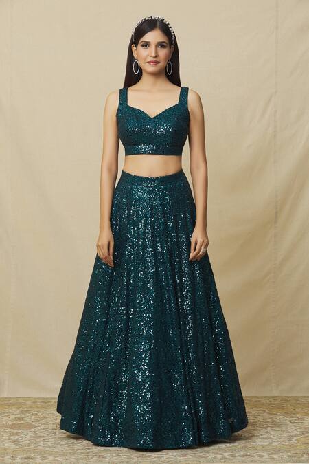 Angad Singh_Blue Georgette Crystals, Sequins V-neck Metallic Embellished Lehenga Set _at_Aza_Fashions