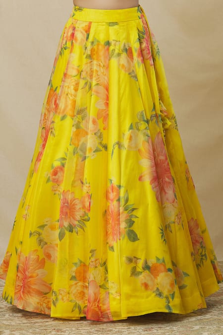 Shop_Angad Singh_Yellow Organza Mirrors, Embroidery Sweetheart Floral Bouquet Print Lehenga Set _Online_at_Aza_Fashions