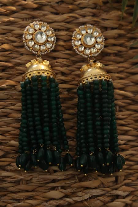 Shop Paisley Pop Gold Plated Pearls, Stones Green Kundan Jhumka Earrings at Aza Fashions Shop_Paisley Pop_Gold Plated Pearls, Stones Green Kundan Jhumka Earrings _at_Aza_Fashions