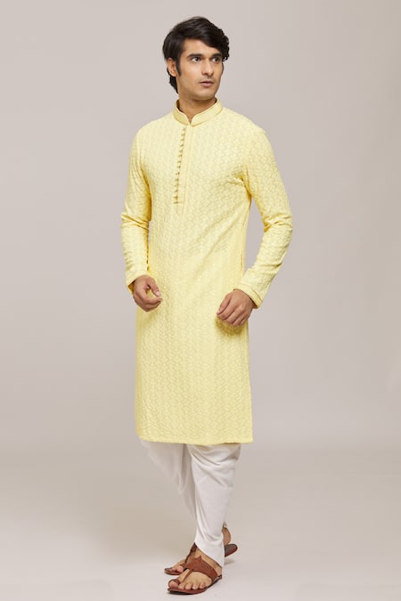Arihant Rai Sinha_Yellow Rayon, Silk Embroidery Floral Kurta Set_Online_at_Aza_Fashions