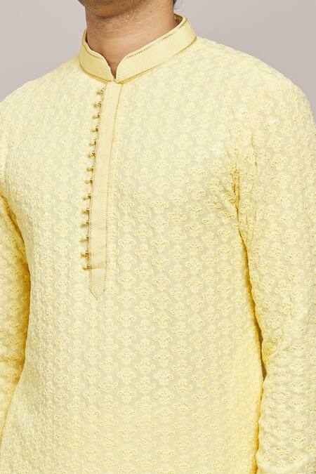 Buy_Arihant Rai Sinha_Yellow Rayon, Silk Embroidery Floral Kurta Set_Online_at_Aza_Fashions