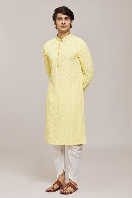 Shop_Arihant Rai Sinha_Yellow Rayon, Silk Embroidery Floral Kurta Set_Online_at_Aza_Fashions