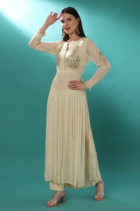 Bha Sha_Ivory Georgette, Net, Satin, Silk, Polyester Embroidery, Anarkali Pant Set _Online_at_Aza_Fashions