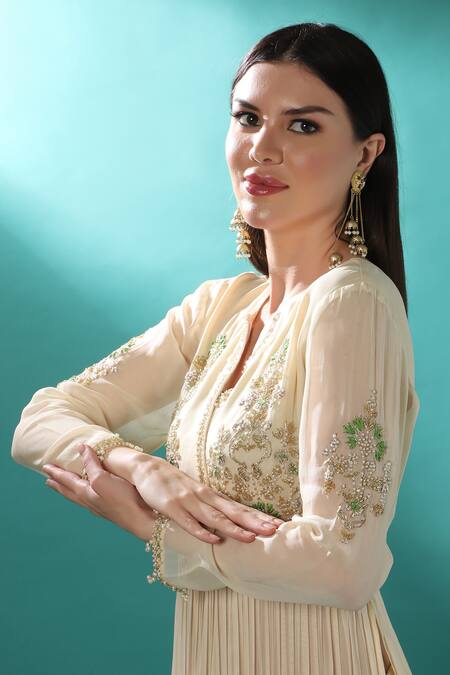 Shop_Bha Sha_Ivory Georgette, Net, Satin, Silk, Polyester Embroidery, Anarkali Pant Set _Online_at_Aza_Fashions