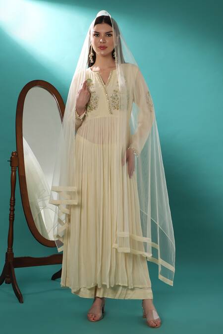 Bha Sha_Ivory Georgette, Net, Satin, Silk, Polyester Embroidery, Anarkali Pant Set _at_Aza_Fashions