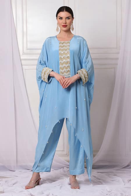 Bha Sha Blue Crepe, Satin Embroidery Round Neck Placket Kaftan And Pant Set 