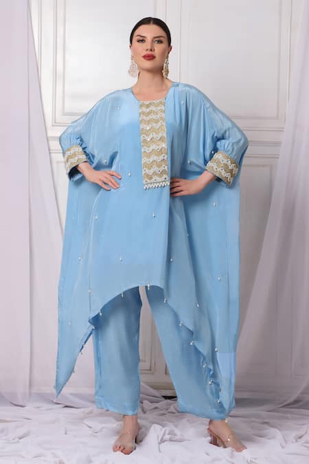 Bha Sha Blue Crepe, Satin Embroidery Round Neck Placket Kaftan And Pant Set Online at Aza Fashions Bha Sha_Blue Crepe, Satin Embroidery Round Neck Placket Kaftan And Pant Set _Online_at_Aza_Fashions