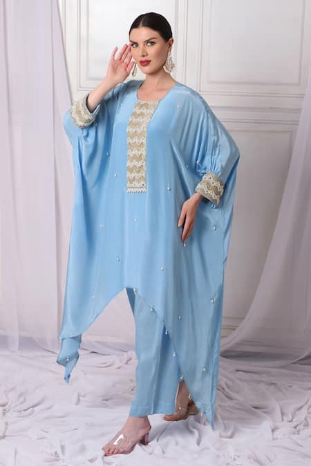 Buy Bha Sha Blue Crepe, Satin Embroidery Round Neck Placket Kaftan And Pant Set Online at Aza Fashions Buy_Bha Sha_Blue Crepe, Satin Embroidery Round Neck Placket Kaftan And Pant Set _Online_at_Aza_Fashions
