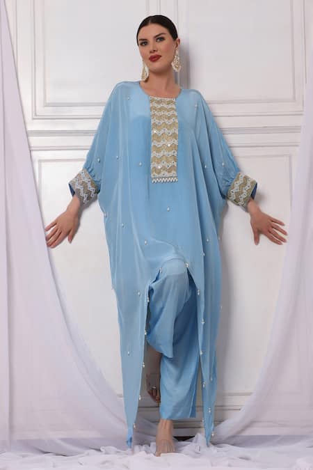 Shop Bha Sha Blue Crepe, Satin Embroidery Round Neck Placket Kaftan And Pant Set Online at Aza Fashions Shop_Bha Sha_Blue Crepe, Satin Embroidery Round Neck Placket Kaftan And Pant Set _Online_at_Aza_Fashions