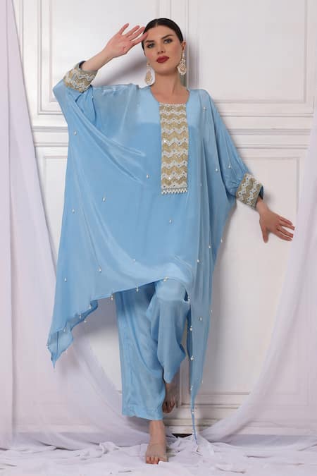 Bha Sha Blue Crepe, Satin Embroidery Round Neck Placket Kaftan And Pant Set at Aza Fashions Bha Sha_Blue Crepe, Satin Embroidery Round Neck Placket Kaftan And Pant Set _at_Aza_Fashions