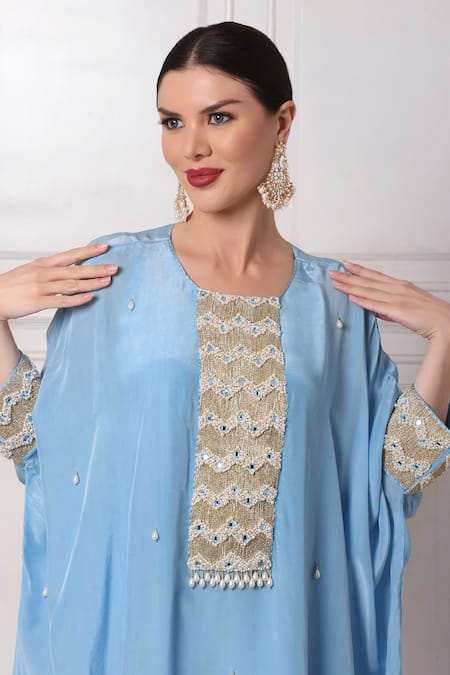 Buy Bha Sha Blue Crepe, Satin Embroidery Round Neck Placket Kaftan And Pant Set Buy_Bha Sha_Blue Crepe, Satin Embroidery Round Neck Placket Kaftan And Pant Set