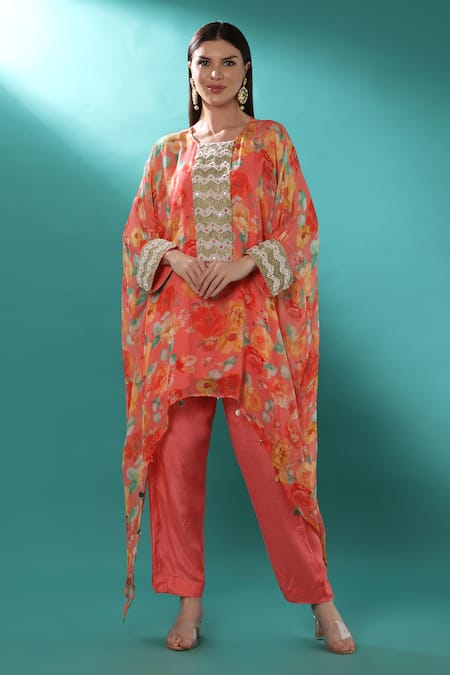 Bha Sha Pink Georgette, Satin Embroidery Round Neck Cuff Kaftan And Pant Set 