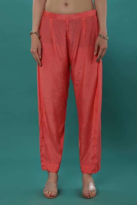 Bha Sha_Pink Georgette, Satin Embroidery Round Neck Cuff Kaftan And Pant Set _Online_at_Aza_Fashions