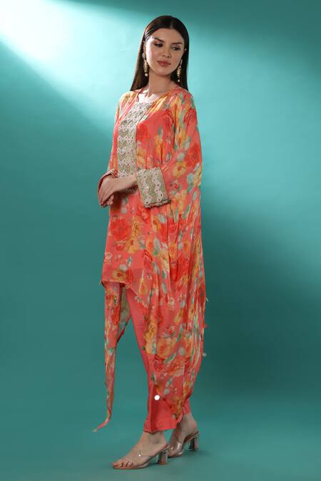 Buy_Bha Sha_Pink Georgette, Satin Embroidery Round Neck Cuff Kaftan And Pant Set _Online_at_Aza_Fashions