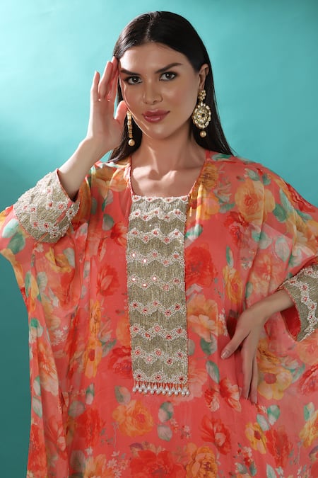 Shop_Bha Sha_Pink Georgette, Satin Embroidery Round Neck Cuff Kaftan And Pant Set _Online_at_Aza_Fashions