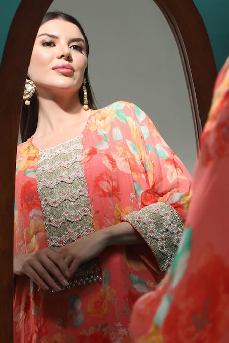 Bha Sha_Pink Georgette, Satin Embroidery Round Neck Cuff Kaftan And Pant Set _at_Aza_Fashions