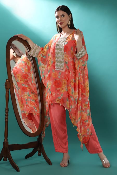 Buy_Bha Sha_Pink Georgette, Satin Embroidery Round Neck Cuff Kaftan And Pant Set 