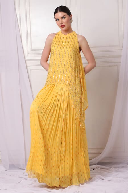 Bha Sha_Yellow Georgette, Linen Sequins, Pearls, Cut Embroidered Tunic And Lehenga Set _Online_at_Aza_Fashions