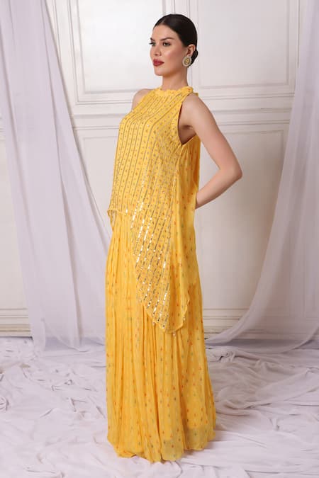 Buy_Bha Sha_Yellow Georgette, Linen Sequins, Pearls, Cut Embroidered Tunic And Lehenga Set _Online_at_Aza_Fashions