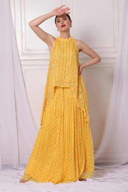 Shop_Bha Sha_Yellow Georgette, Linen Sequins, Pearls, Cut Embroidered Tunic And Lehenga Set _Online_at_Aza_Fashions