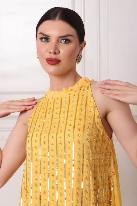 Bha Sha_Yellow Georgette, Linen Sequins, Pearls, Cut Embroidered Tunic And Lehenga Set _at_Aza_Fashions