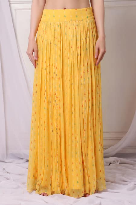 Buy_Bha Sha_Yellow Georgette, Linen Sequins, Pearls, Cut Embroidered Tunic And Lehenga Set 