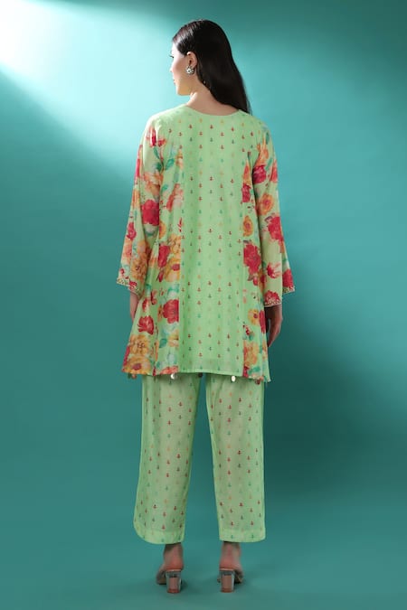 Shop_Bha Sha_Blue Chanderi, Linen Cut Work, Embroidery V-neck Floral Print Tunic And Pant Set _at_Aza_Fashions