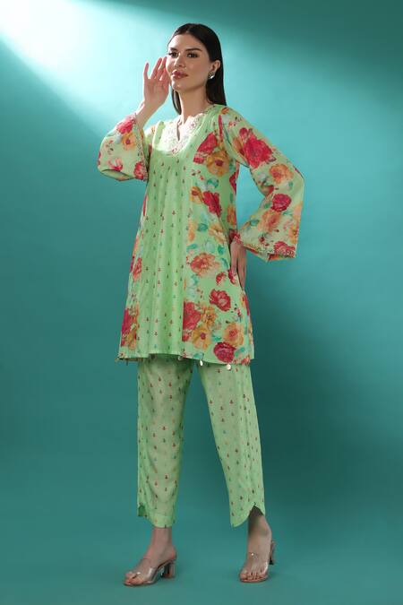 Bha Sha_Blue Chanderi, Linen Cut Work, Embroidery V-neck Floral Print Tunic And Pant Set _Online_at_Aza_Fashions