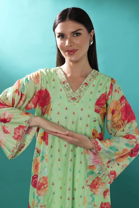 Buy_Bha Sha_Blue Chanderi, Linen Cut Work, Embroidery V-neck Floral Print Tunic And Pant Set _Online_at_Aza_Fashions